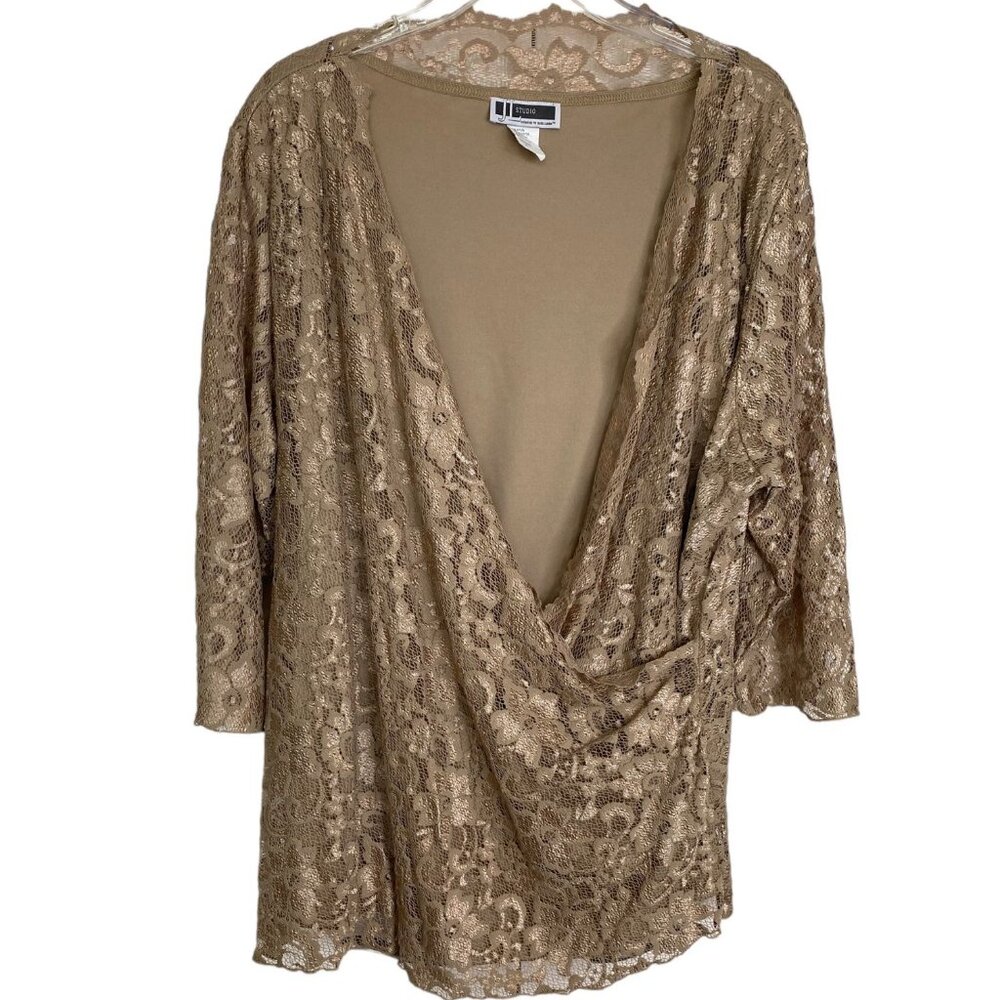 JL Studio Womens Vintage Tan Surplice Lace Stretch Top Size 3X Party Feminine